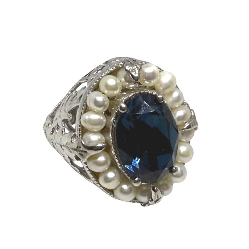STS Karis Silver Ring W/ Blue Oval simulated gemstone & Pearl Accents Intricate